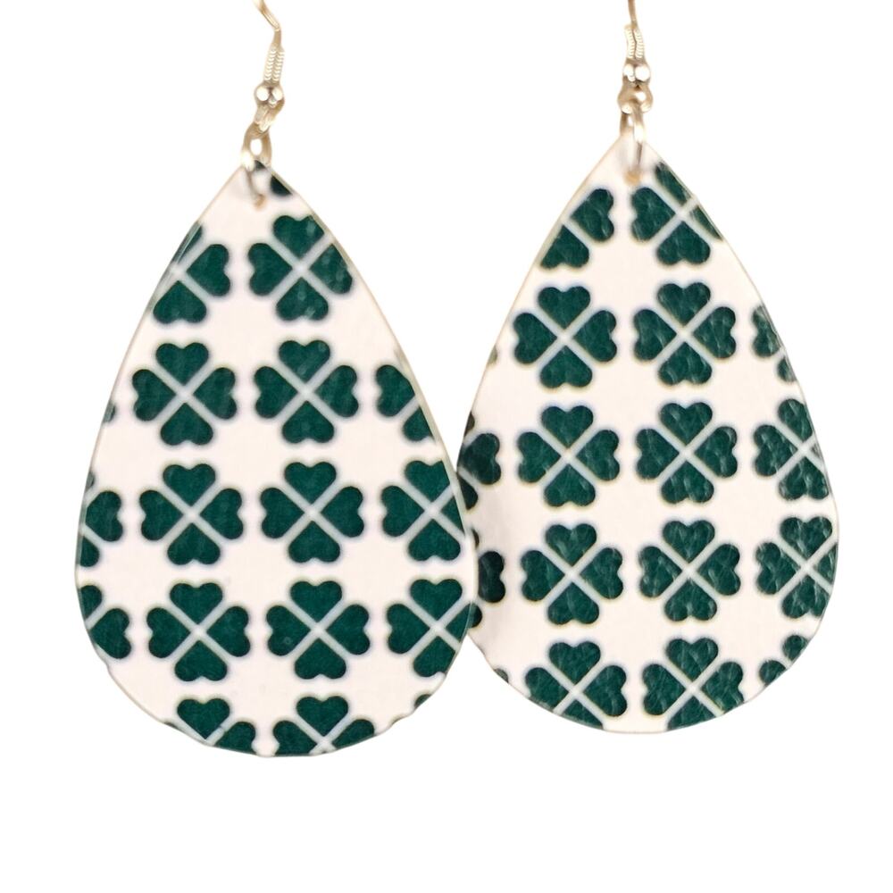 White Green Shamrock Teardrop Dangle Earrings St. Patrick’s Day 2.25" Jewelry